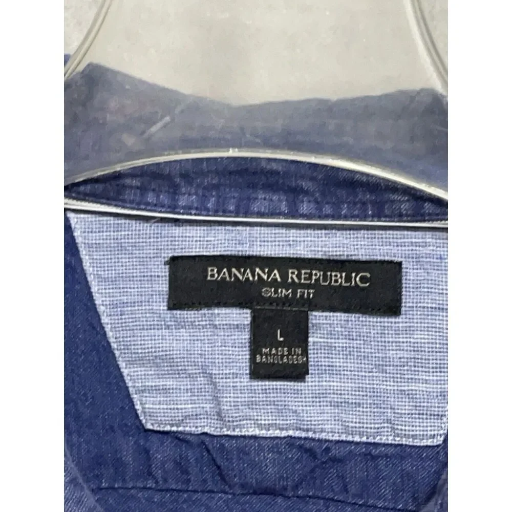 Banana Republic Shirt Men L Blue Linen Cotton Button Up Slim Hybrid Casual Beach